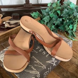 Jil Sander brown leather strap sandals on wood platform heal.Size 8
